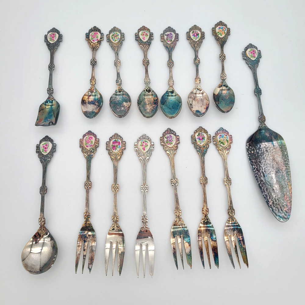 Rare VTG Rostfrei Solingen Victorian Enamel Rose Set of 15 Spoons Forks Serving